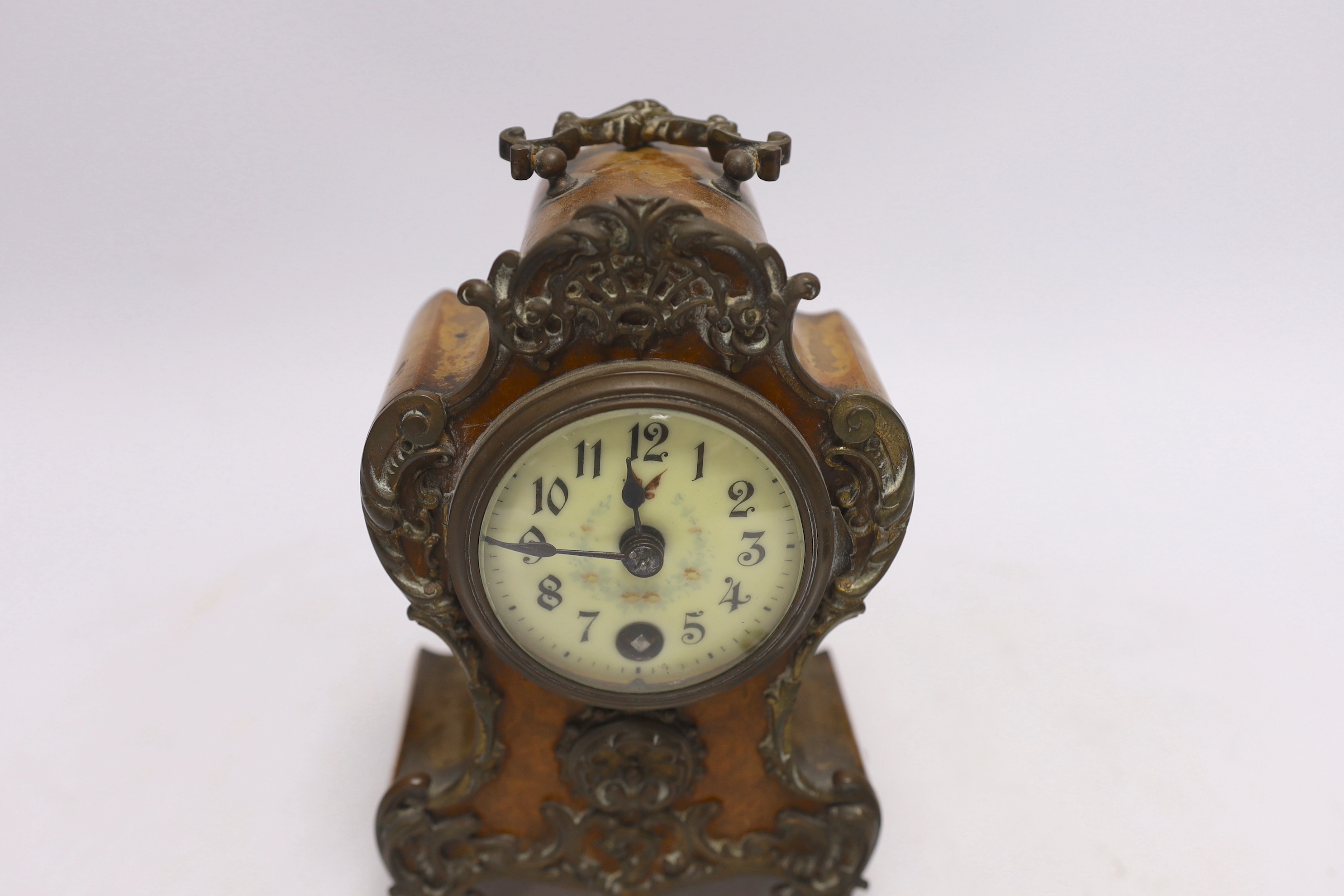 A small brass mounted mantel timepiece, German movement, with key, 18cm